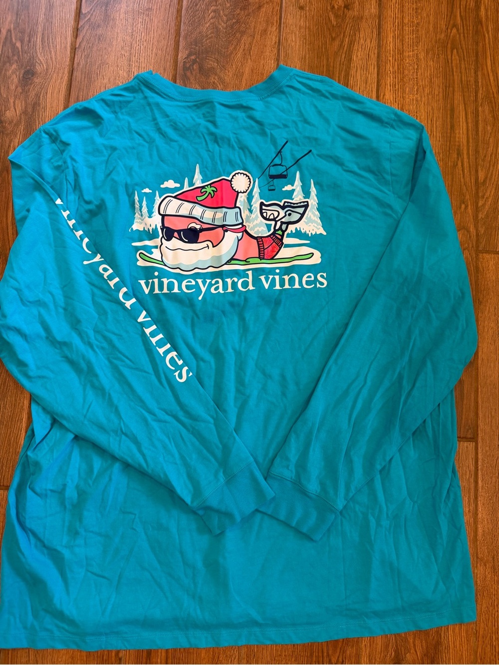 vineyard vines Men’s Teal Long-Sleeve Holiday Ski Santa Tee / xxl